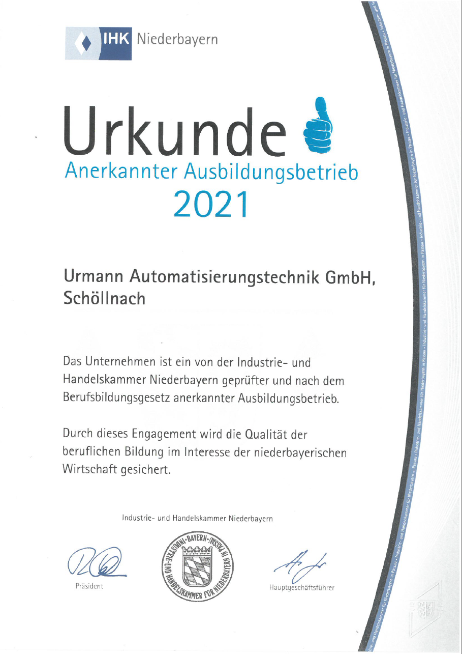 Urmann IHK Urkunde Anerkannter Ausbildungbetrieb 2021